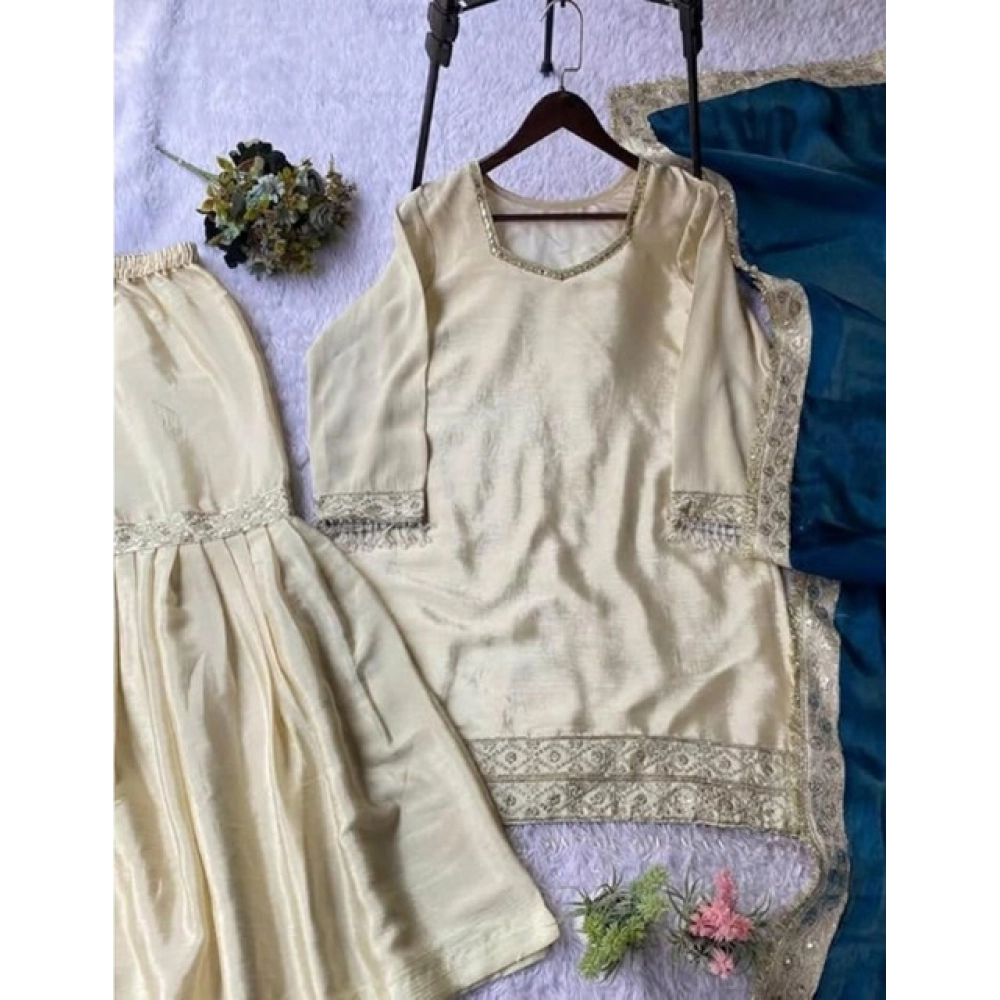 Women's Silk Embroidered 3/4th Sleeve V-Neck Kurti With Sharara Pant and Dupatta Set (Cream & Teal) - Image 5