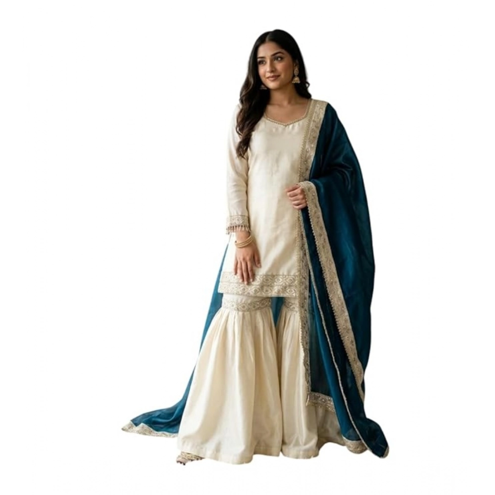Women's Silk Embroidered 3/4th Sleeve V-Neck Kurti With Sharara Pant and Dupatta Set (Cream & Teal) - Image 2