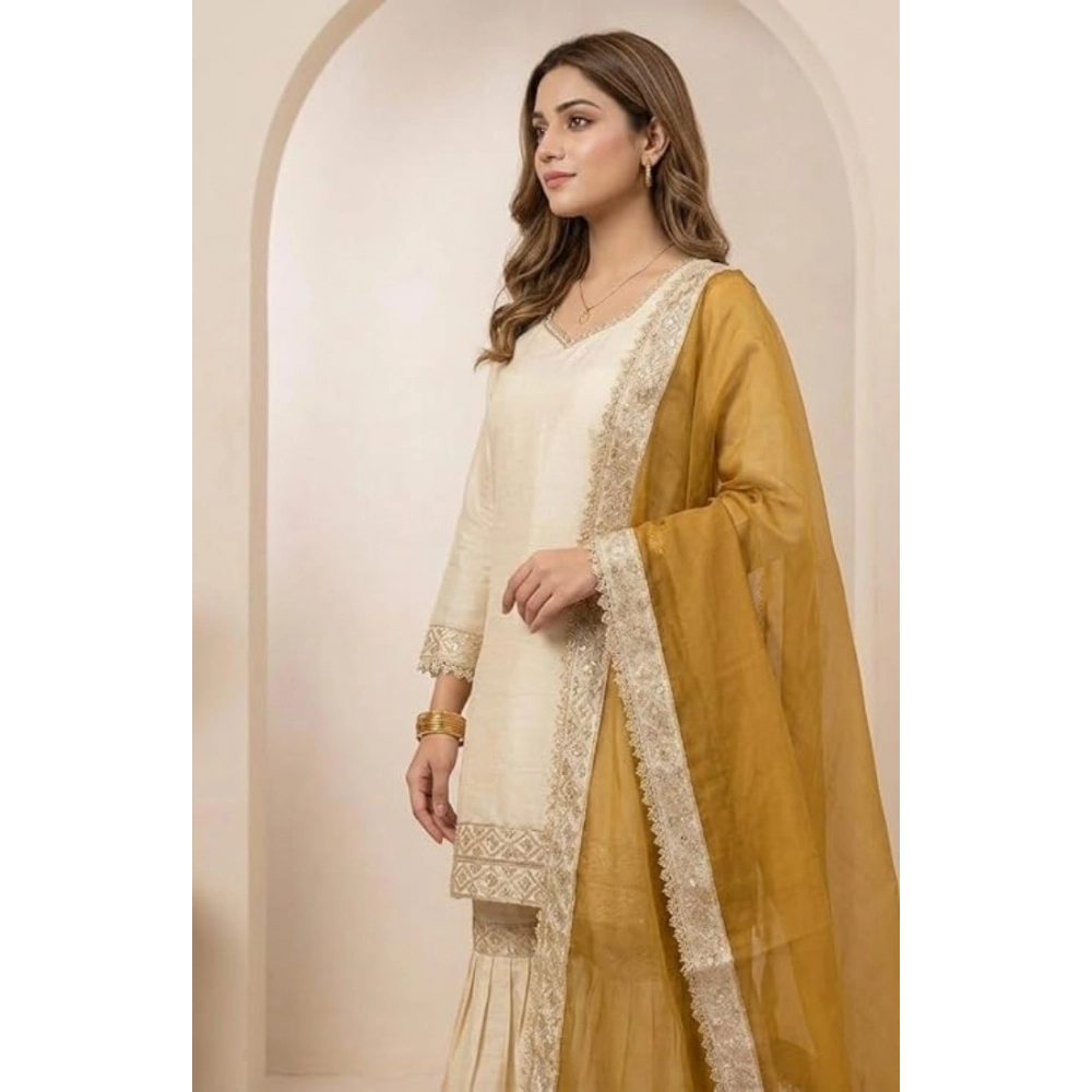 Women's Silk Embroidered 3/4th Sleeve V-Neck Kurti With Sharara Pant and Dupatta Set (Cream & Yellow) - Image 3