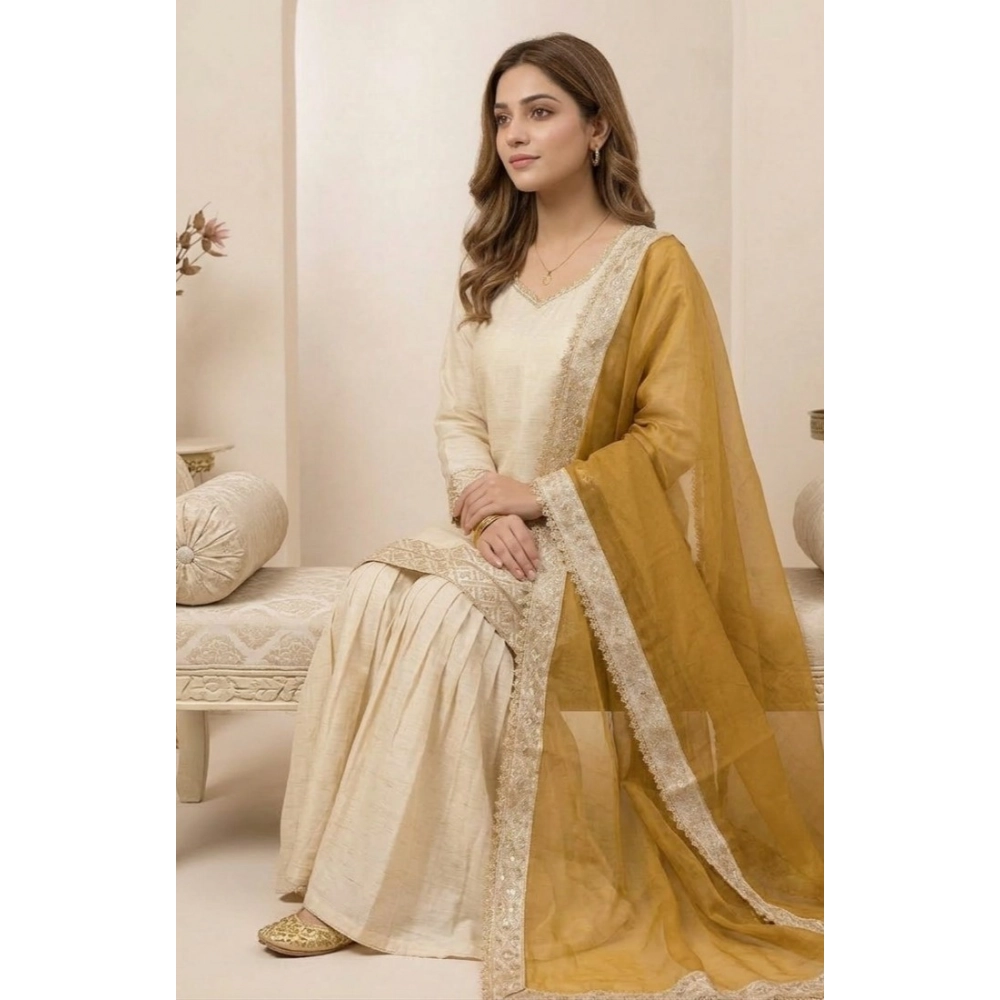 Women's Silk Embroidered 3/4th Sleeve V-Neck Kurti With Sharara Pant and Dupatta Set (Cream & Yellow) - Image 4