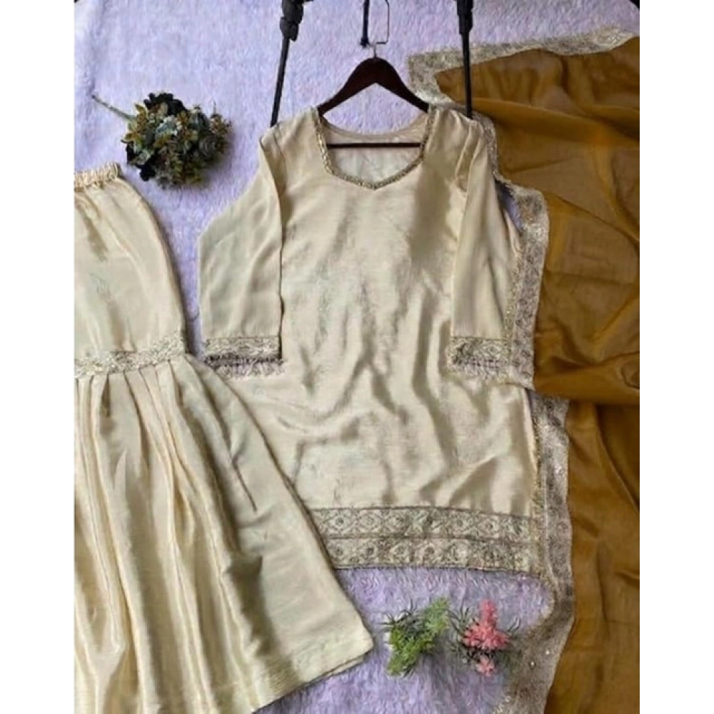 Women's Silk Embroidered 3/4th Sleeve V-Neck Kurti With Sharara Pant and Dupatta Set (Cream & Yellow) - Image 5