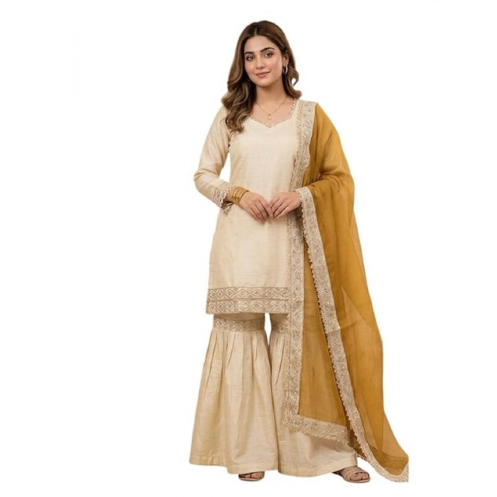Women's Silk Embroidered 3/4th Sleeve V-Neck Kurti With Sharara Pant and Dupatta Set (Cream & Yellow) - Image 2