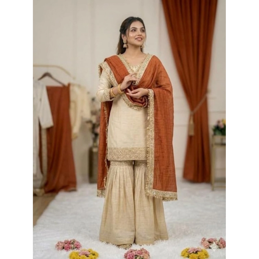 Women's Silk Embroidered 3/4th Sleeve V-Neck Kurti With Sharara Pant and Dupatta Set (Cream & Orange) - Image 3