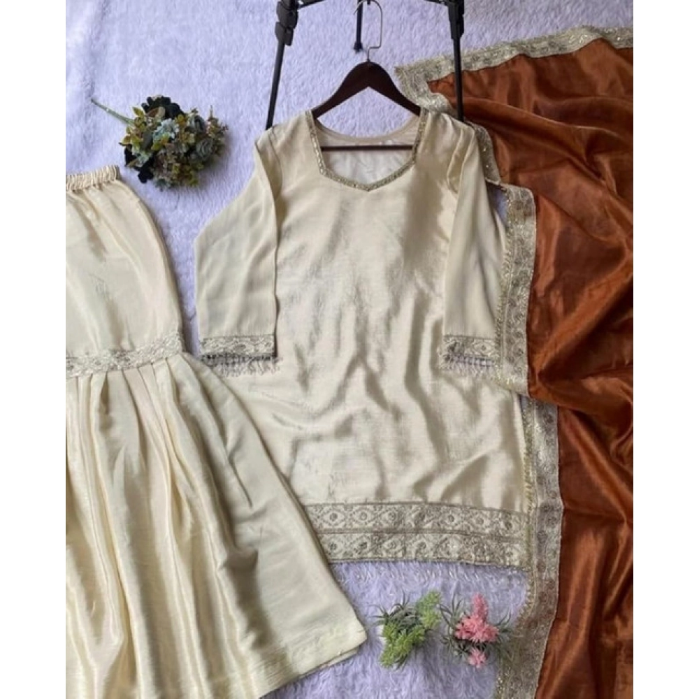 Women's Silk Embroidered 3/4th Sleeve V-Neck Kurti With Sharara Pant and Dupatta Set (Cream & Orange) - Image 5