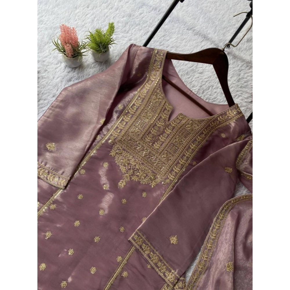 Women's Silk Embroidered 3/4th Sleeve Round Kurti With Sharara Pant and Dupatta Set (Purple) - Image 4