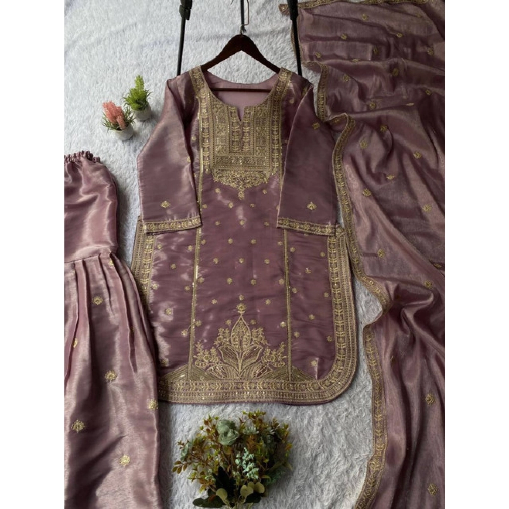 Women's Silk Embroidered 3/4th Sleeve Round Kurti With Sharara Pant and Dupatta Set (Purple) - Image 5