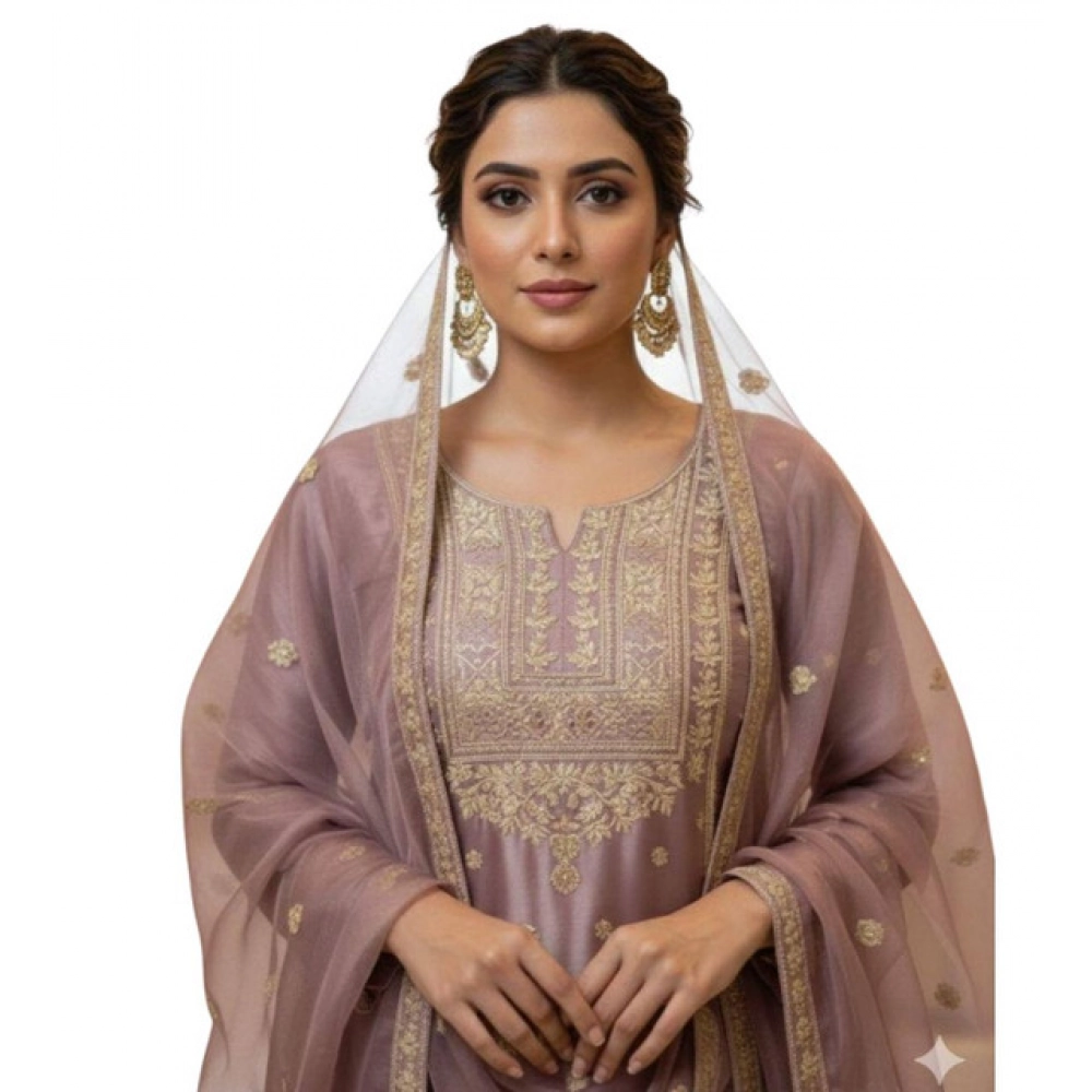 Women's Silk Embroidered 3/4th Sleeve Round Kurti With Sharara Pant and Dupatta Set (Purple) - Image 2