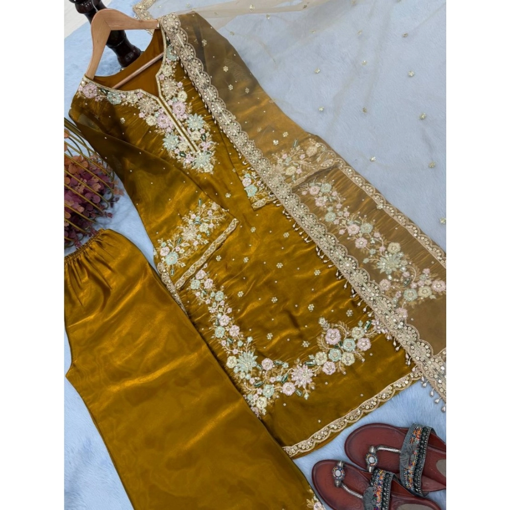Women's Silk Embroidered 3/4th Sleeve Round Kurti With Palazzo Pant and Dupatta Set (Gold) - Image 3