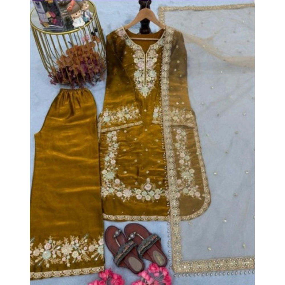 Women's Silk Embroidered 3/4th Sleeve Round Kurti With Palazzo Pant and Dupatta Set (Gold) - Image 5