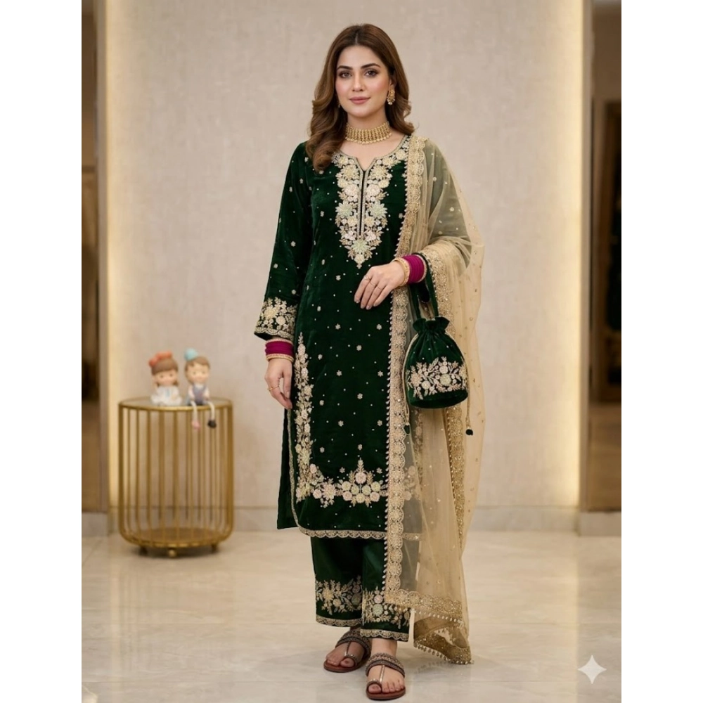 Women's Silk Embroidered 3/4th Sleeve Round Kurti With Palazzo Pant and Dupatta Set (Dark Green)
