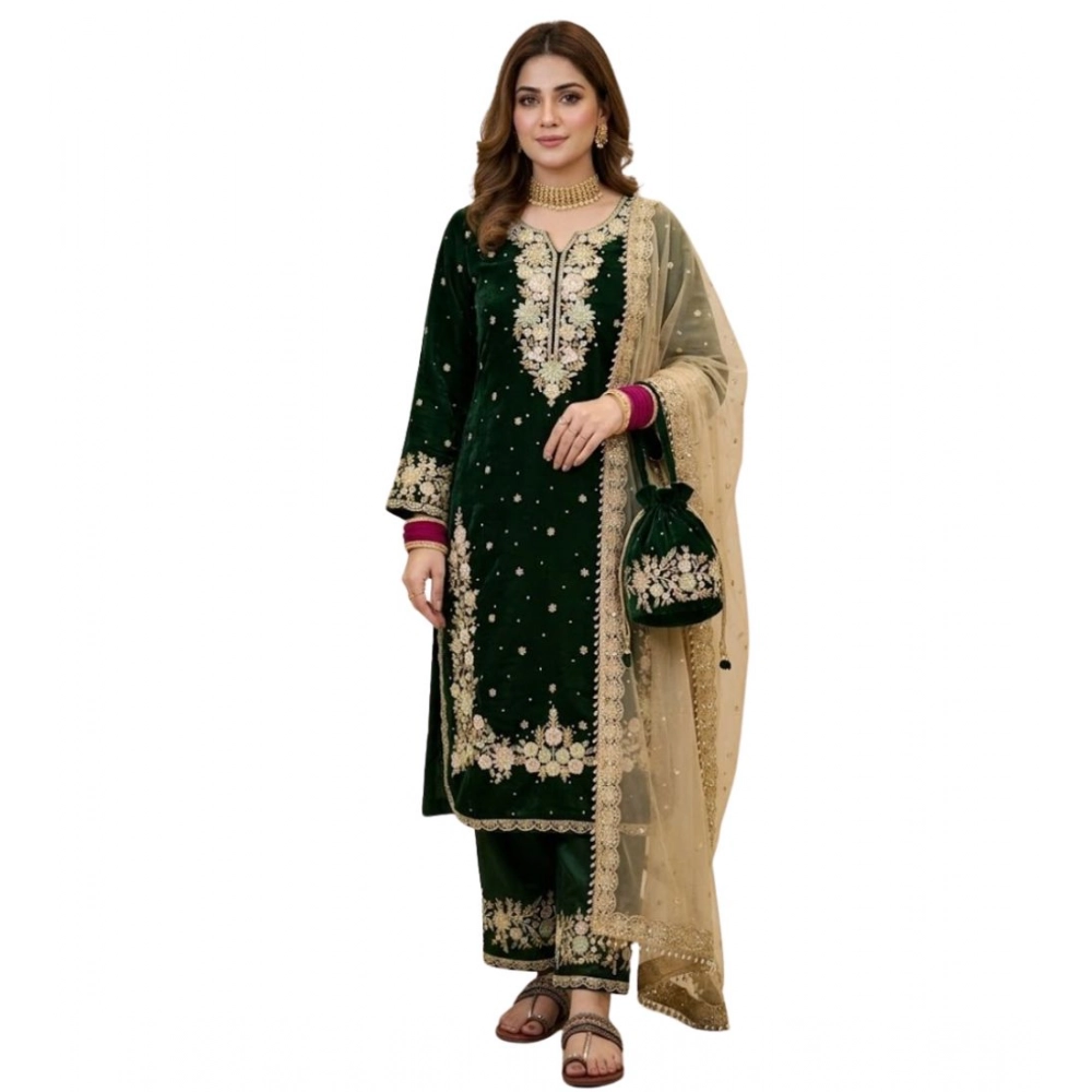 Women's Silk Embroidered 3/4th Sleeve Round Kurti With Palazzo Pant and Dupatta Set (Dark Green) - Image 2