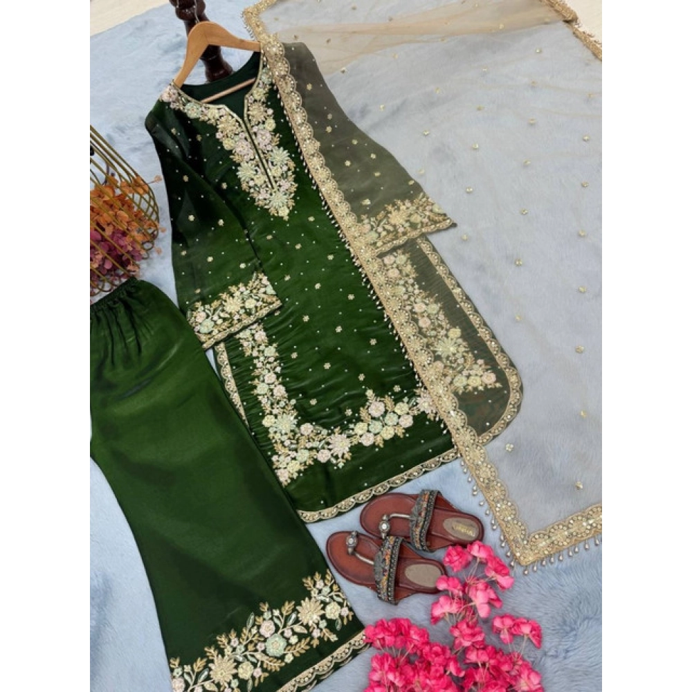 Women's Silk Embroidered 3/4th Sleeve Round Kurti With Palazzo Pant and Dupatta Set (Dark Green) - Image 3