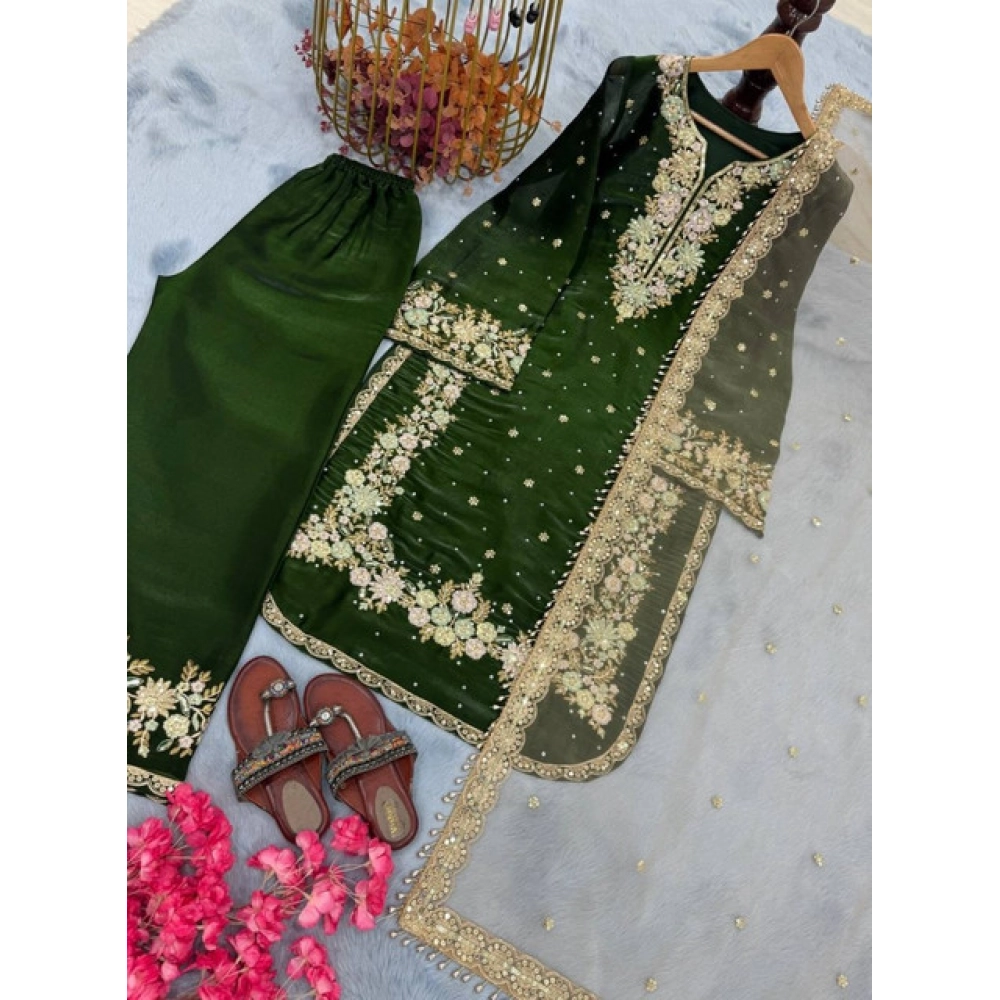 Women's Silk Embroidered 3/4th Sleeve Round Kurti With Palazzo Pant and Dupatta Set (Dark Green) - Image 4