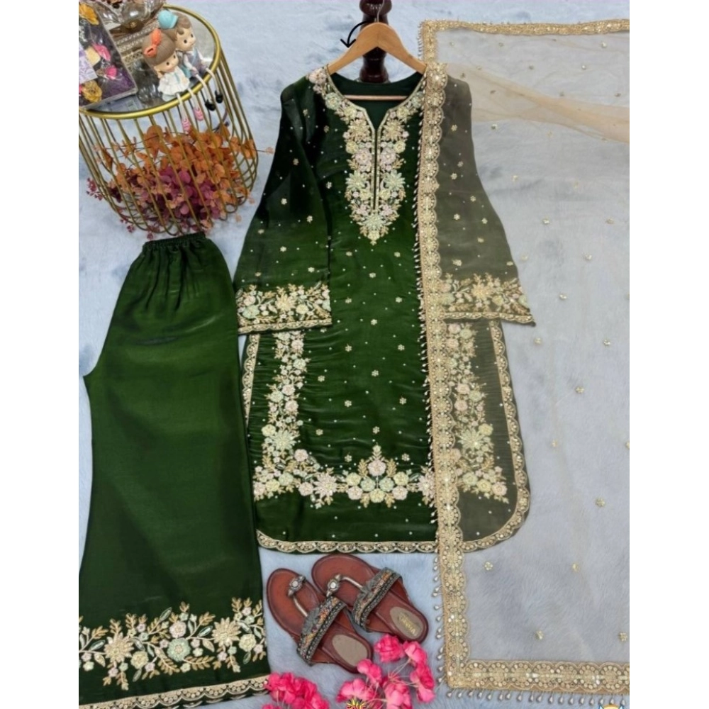 Women's Silk Embroidered 3/4th Sleeve Round Kurti With Palazzo Pant and Dupatta Set (Dark Green) - Image 5