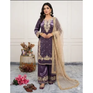 Women's Silk Embroidered 3/4th Sleeve Round Kurti With Palazzo Pant and Dupatta Set (Purple)