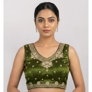 Women's Silk Embroidered V-Neck Sleeveless Readymade Padded Blouse (Mahendi, Size 38)