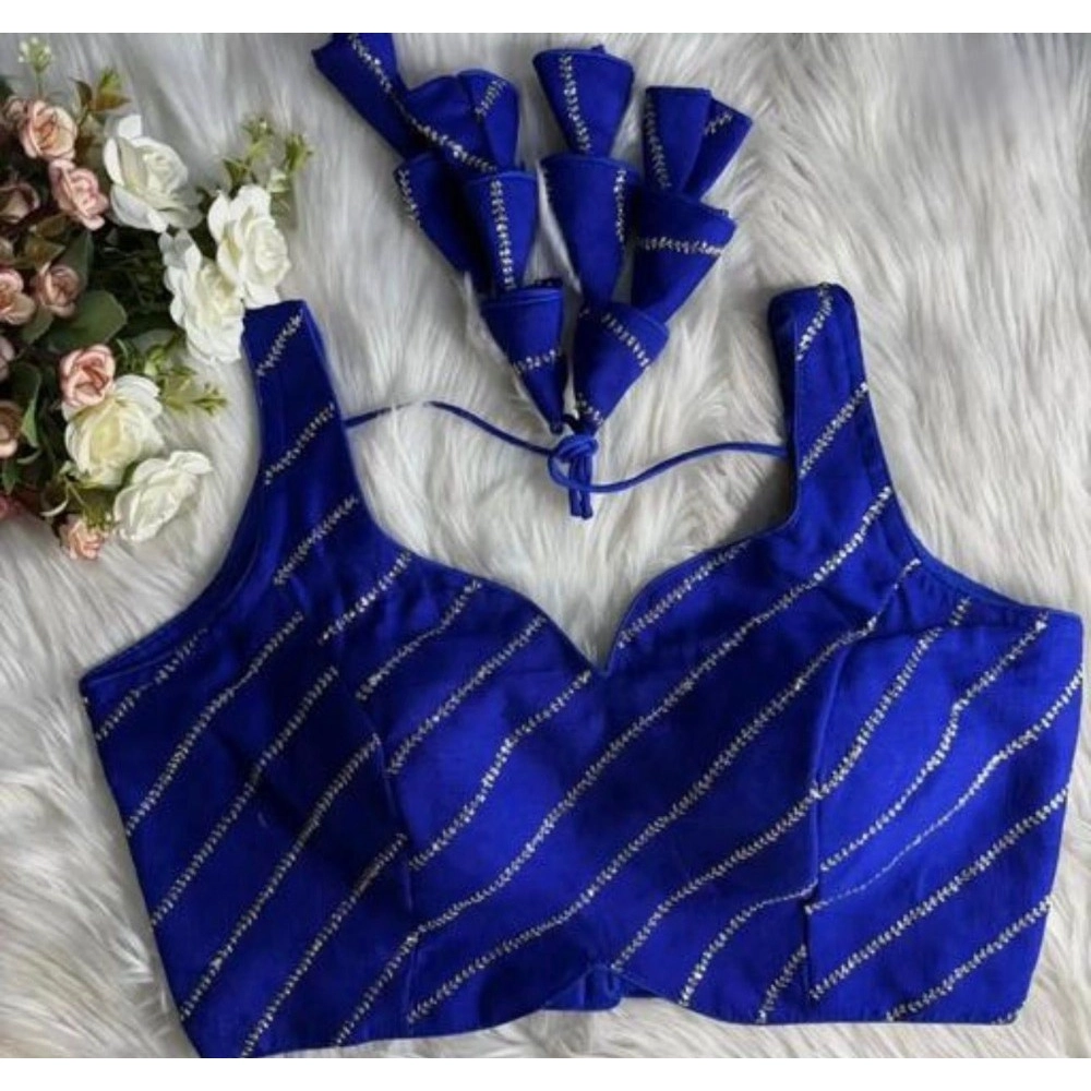 Women's Silk Embellished Sweetheart Neck Sleeveless Readymade Padded Blouse (Blue, Size 38) - Image 3