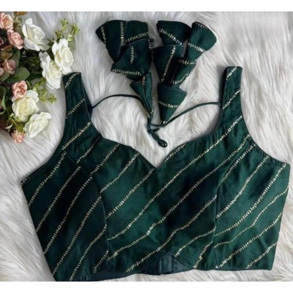 Women's Silk Embellished Sweetheart Neck Sleeveless Readymade Padded Blouse (Green, Size 38) - Image 3