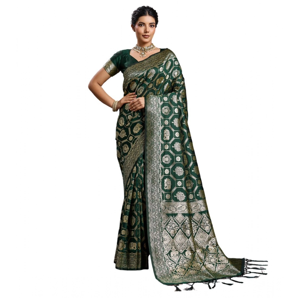 Women's Silk Blend Printed Saree With Unstitched Blouse 5.5Mtr (Bottel Green) - Image 2