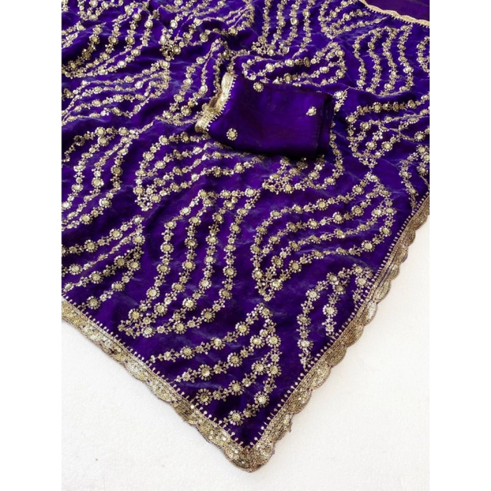 Women's Satin Embellished Saree With Unstitched Blouse 5.5Mtr (Purple) - Image 5