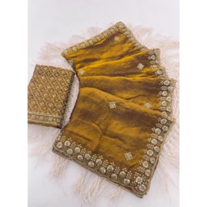 Women's Satin Embellished Saree With Unstitched Blouse 5.5Mtr (Mustard)