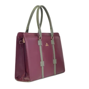 Women's Polyurethane Solid Structured Shoulder Tote Handbag (Burgundy-Gray)