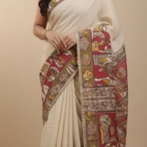 Women's Linen Kalamkari Printed Saree With Unstitched Blouse - 5.5 Mtr (Beige)