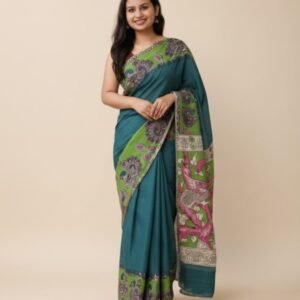 Women's Linen Kalamkari Printed Saree With Unstitched Blouse - 5.5 Mtr (Teal)