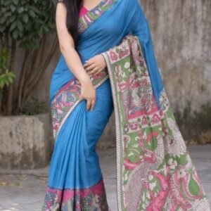 Women's Linen Kalamkari Printed Saree With Unstitched Blouse - 5.5 Mtr (Blue)