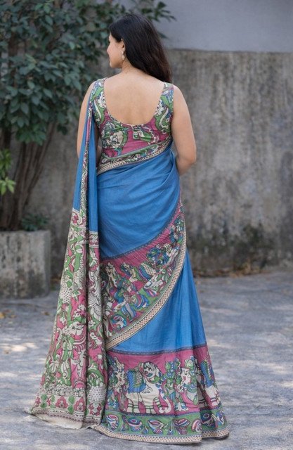 Women's Linen Kalamkari Printed Saree With Unstitched Blouse - 5.5 Mtr (Blue) - Image 3