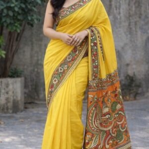 Women's Linen Kalamkari Printed Saree With Unstitched Blouse - 5.5 Mtr (Yellow)