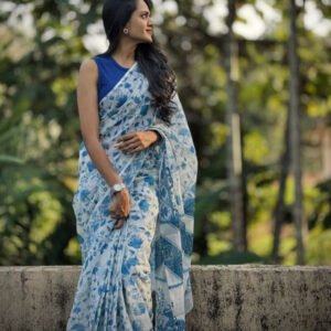 Women's Linen Floral Printeded Saree With Unstitched Blouse - 5.5 Mtr (White-Blue)