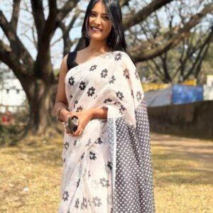 Women's Linen Floral Printed Saree With Unstitched Blouse - 5.5 Mtr (White)