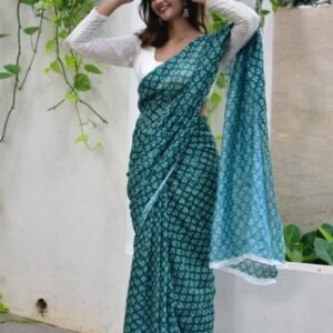 Women's Linen Floral Printed Saree With Unstitched Blouse - 5.5 Mtr (Teal Green)