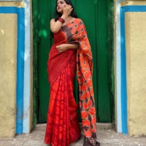 Women's Linen Floral Printed Saree With Unstitched Blouse - 5.5 Mtr (Red-Orange)