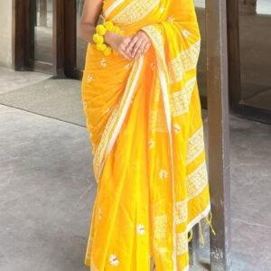 Women's Linen Floral Printed Saree With Unstitched Blouse - 5.5 Mtr (Yellow)