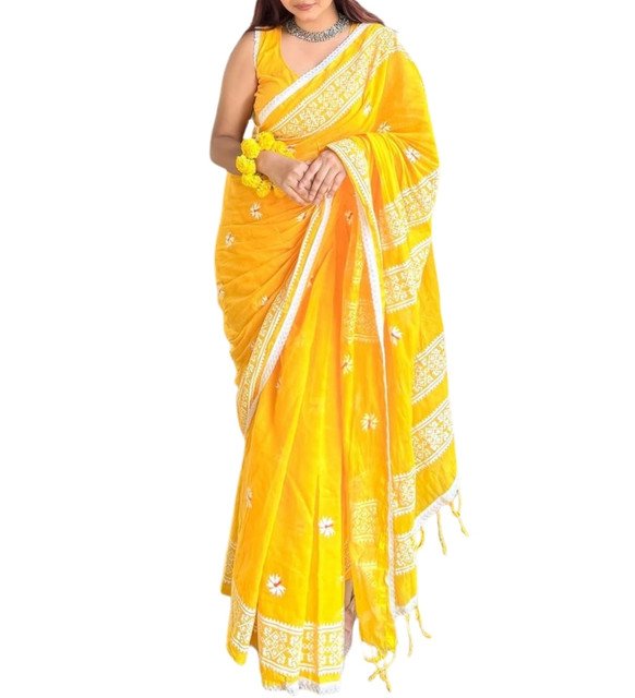 Women's Linen Floral Printed Saree With Unstitched Blouse - 5.5 Mtr (Yellow) - Image 2