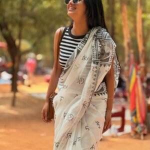 Women's Linen Kalamkari Printed Saree With Unstitched Blouse - 5.5 Mtr (White-Black)