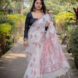 Women's Linen Paisley Printed Saree With Unstitched Blouse - 5.5 Mtr (White-Red)