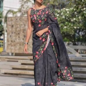 Women's Linen Floral Printed Saree With Unstitched Blouse - 5.5 Mtr (Black)