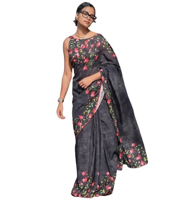 Women's Linen Floral Printed Saree With Unstitched Blouse - 5.5 Mtr (Black) - Image 2