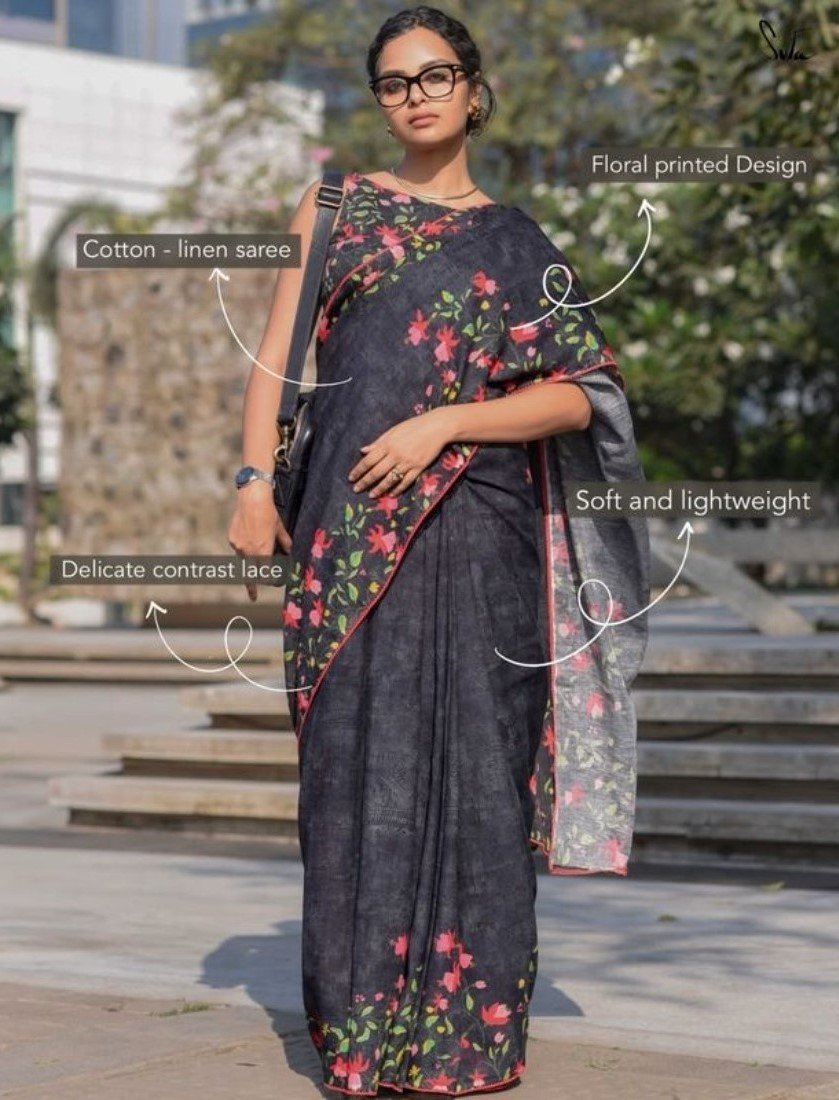 Women's Linen Floral Printed Saree With Unstitched Blouse - 5.5 Mtr (Black) - Image 3