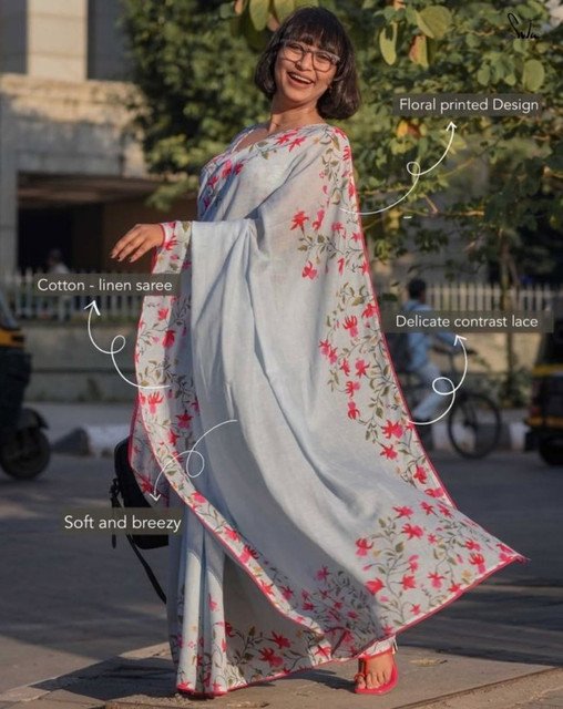 Women's Linen Floral Printed Saree With Unstitched Blouse - 5.5 Mtr (Grey) - Image 3