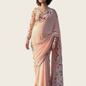 Women's Linen Floral Printed Saree With Unstitched Blouse - 5.5 Mtr (Peach)