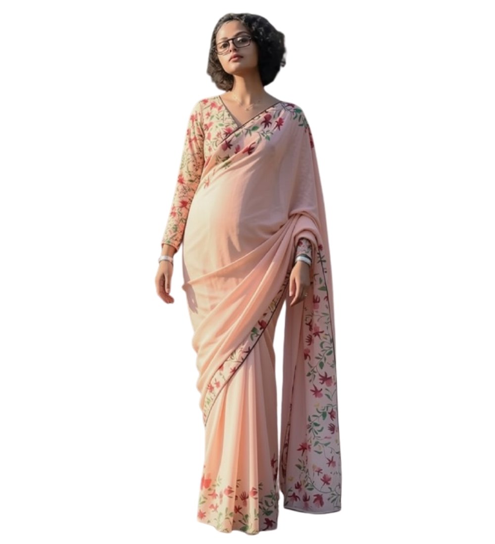 Women's Linen Floral Printed Saree With Unstitched Blouse - 5.5 Mtr (Peach) - Image 2
