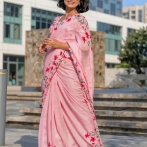 Women's Linen Floral Printed Saree With Unstitched Blouse - 5.5 Mtr (Pink)