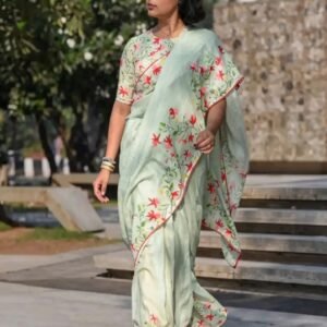 Women's Linen Floral Printed Saree With Unstitched Blouse - 5.5 Mtr (Light Green)