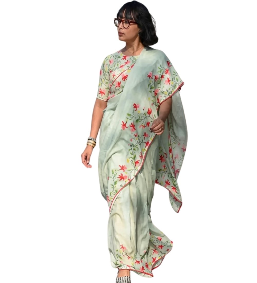 Women's Linen Floral Printed Saree With Unstitched Blouse - 5.5 Mtr (Light Green) - Image 2