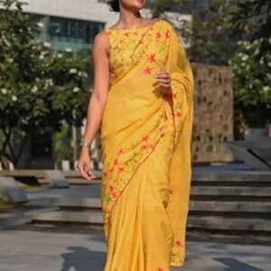 Women's Linen Floral Printed Saree With Unstitched Blouse - 5.5 Mtr (Yellow)