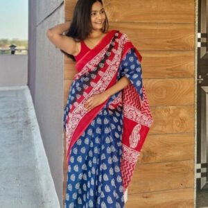 Women's Linen Printed Saree With Unstitched Blouse - 5.5 Mtr (Blue-Red)